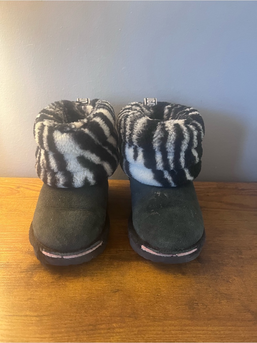 UGG Kids Black Boots with Zebra-Print Faux-Fur Cuff